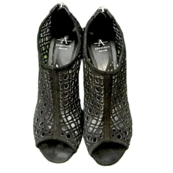 Aquatalia Black Pierced Caged Leather Open Peep Toe Wedges Booties Shooties 7.5 - Picture 5 of 8